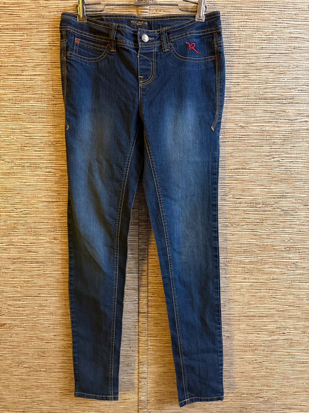 Rocawear Y2K Jeans Women’s Size 7 Dark Blue Red Border Stitch